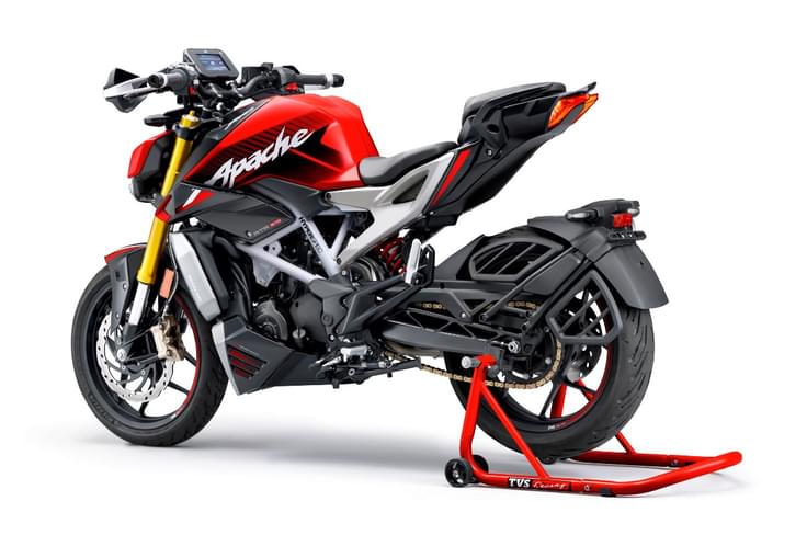 It has gained drag torque control, launch control and keyless ignition now. TVS Apache RTR 310 rear left static in studio